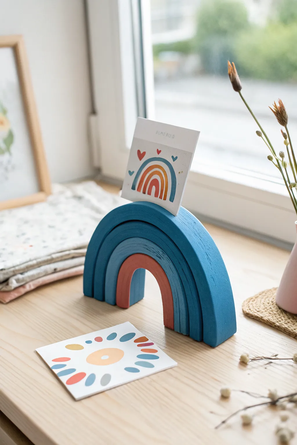 Beginner-friendly air dry clay photo stand with bold color and clean minimalist desk styling
