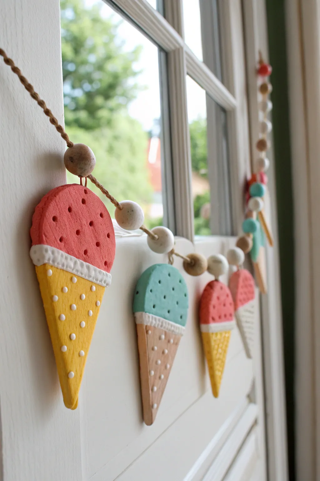 Bright air-dry clay ice cream garland pieces with a clean Scandinavian boho look for kids
