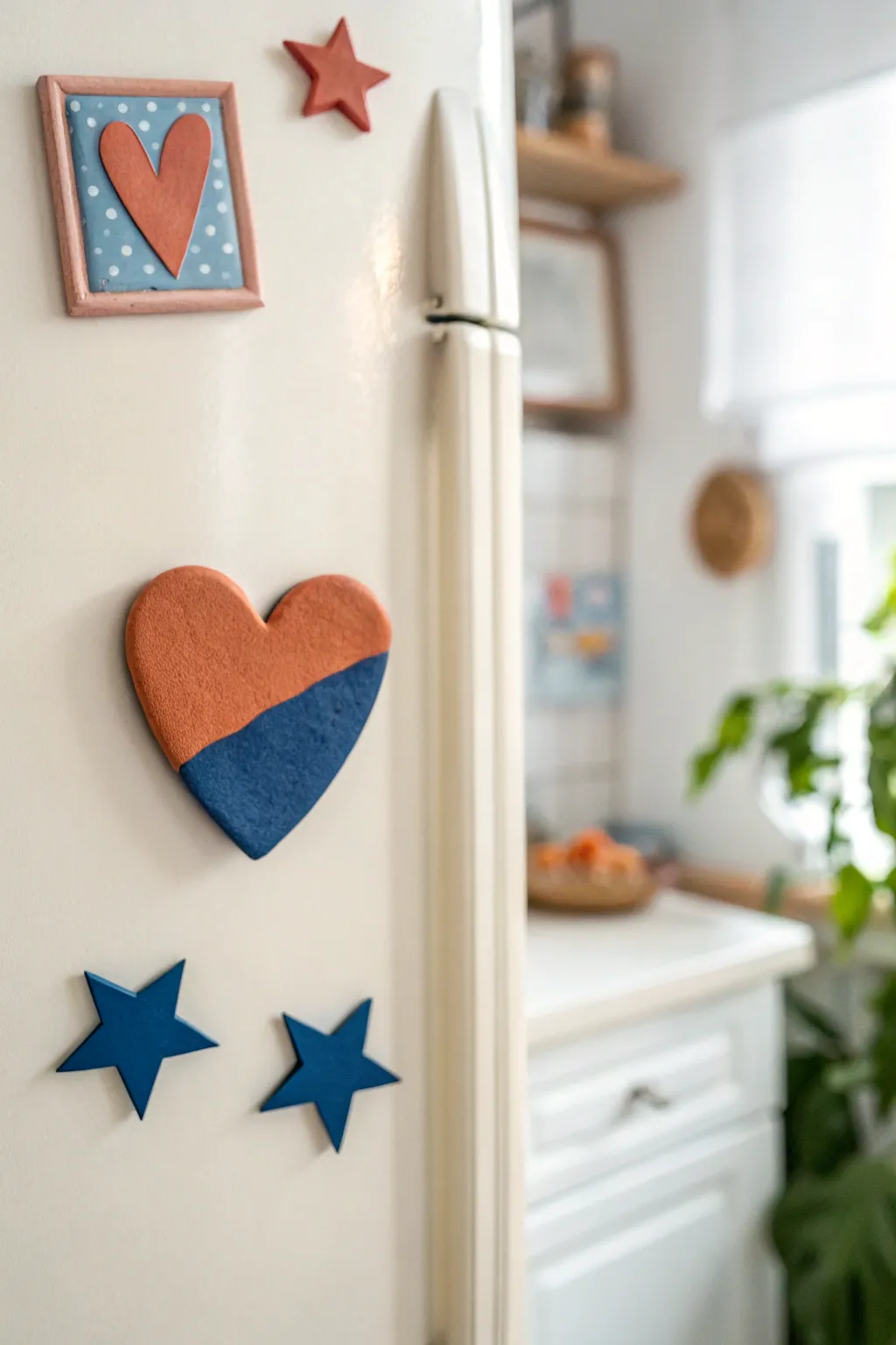 Bold color-blocked heart and star air-clay patch magnets for a cheerful minimalist fridge