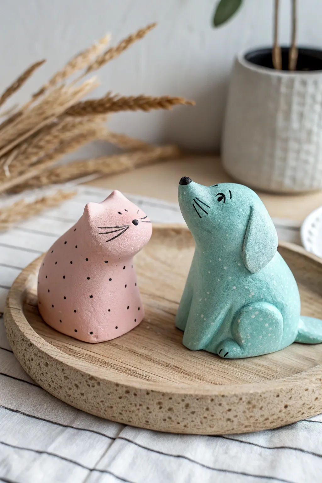 Pet-inspired yours and mine figurines in bold matte colors, minimalist, sweet, and easy to make