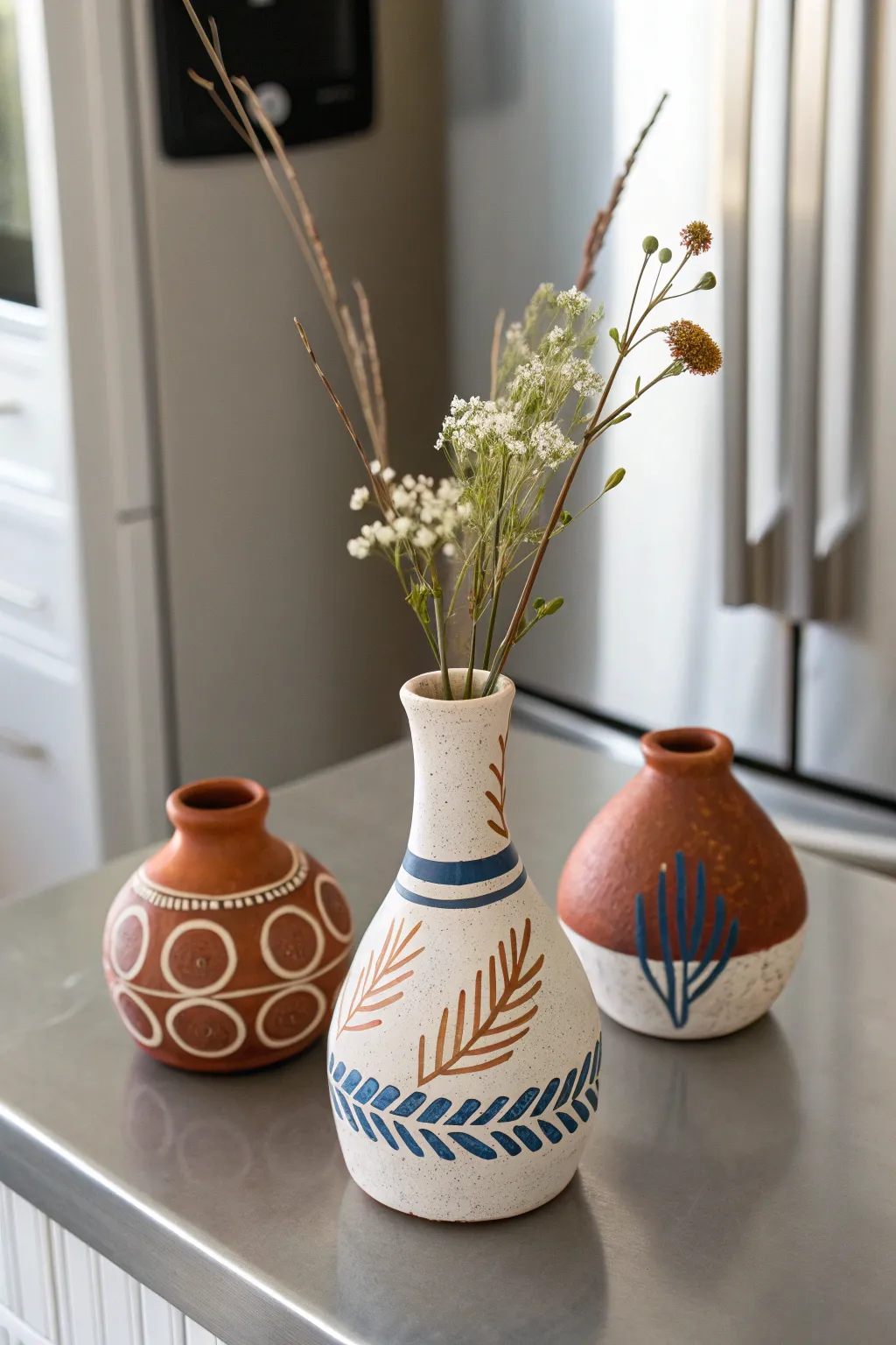Tiny air dry clay magnet bud vases with dried florals, bold color pops on a sleek fridge