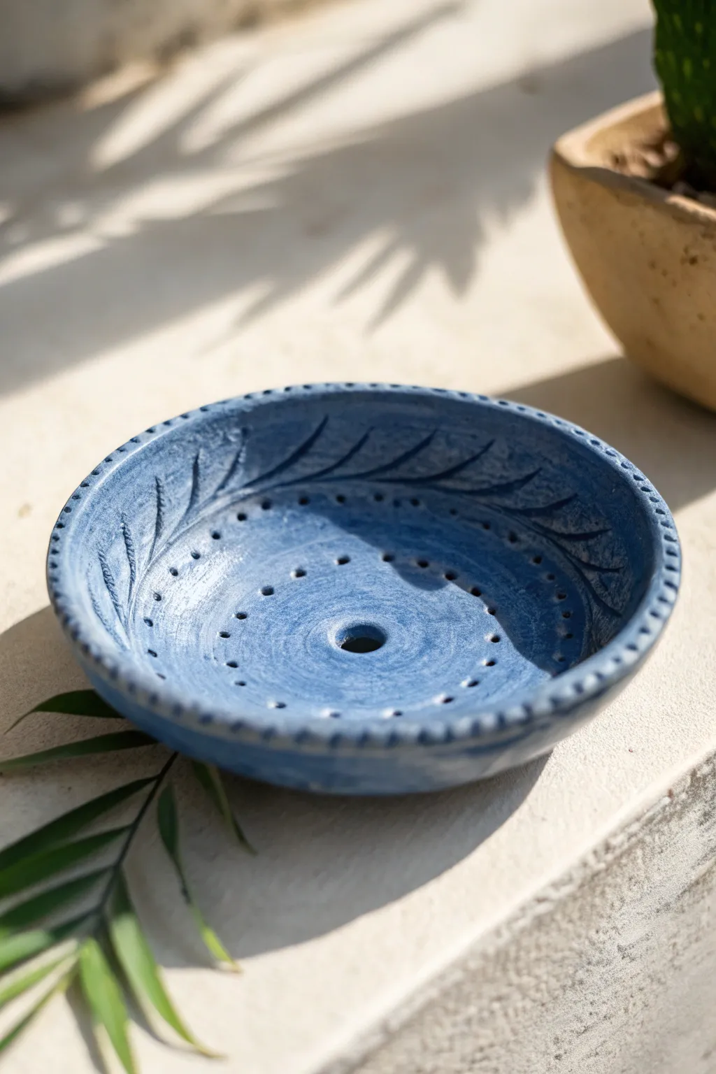 Easy air dry clay incense dish with pressed rim texture, minimalist boho style in bold cobalt.