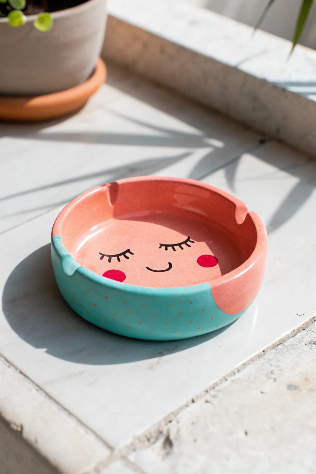 Cute face air dry clay ashtray in bold glossy color, minimalist boho vibe for your space.