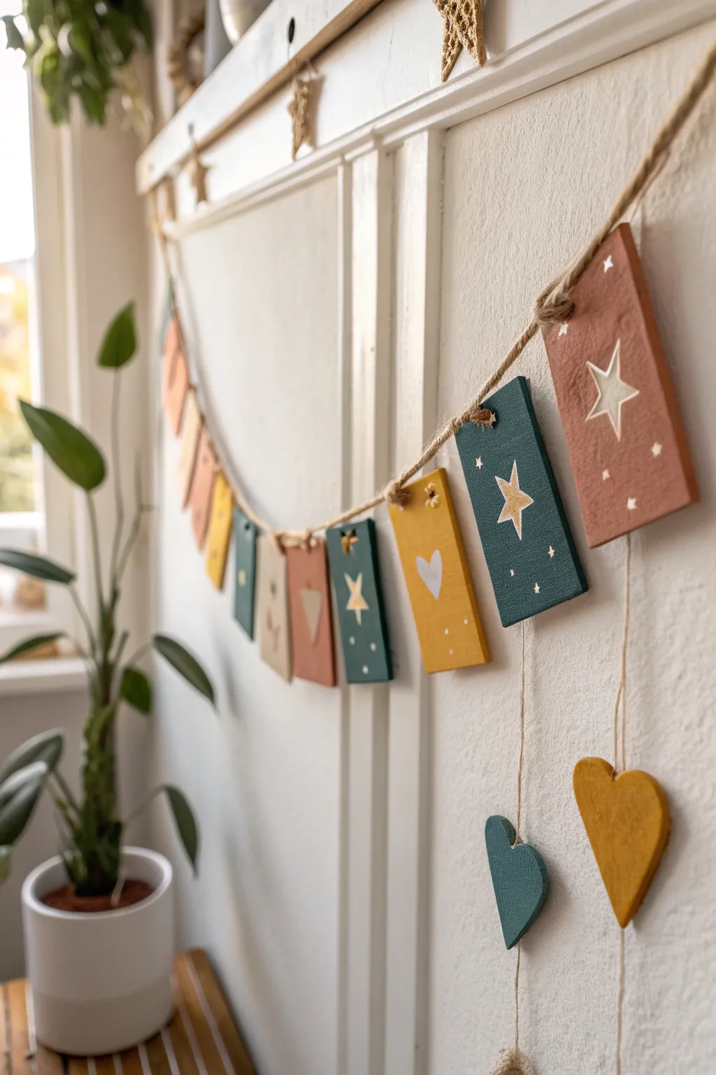 Minimal clay bunting in bold boho colors, a sweet air dry clay birthday gift wall decor idea