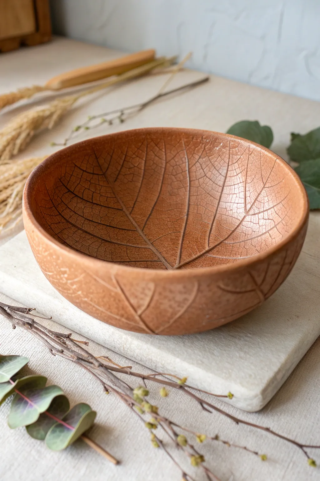 Simple leaf-imprint air-dry clay bowl in warm terracotta, styled with dried botanicals.