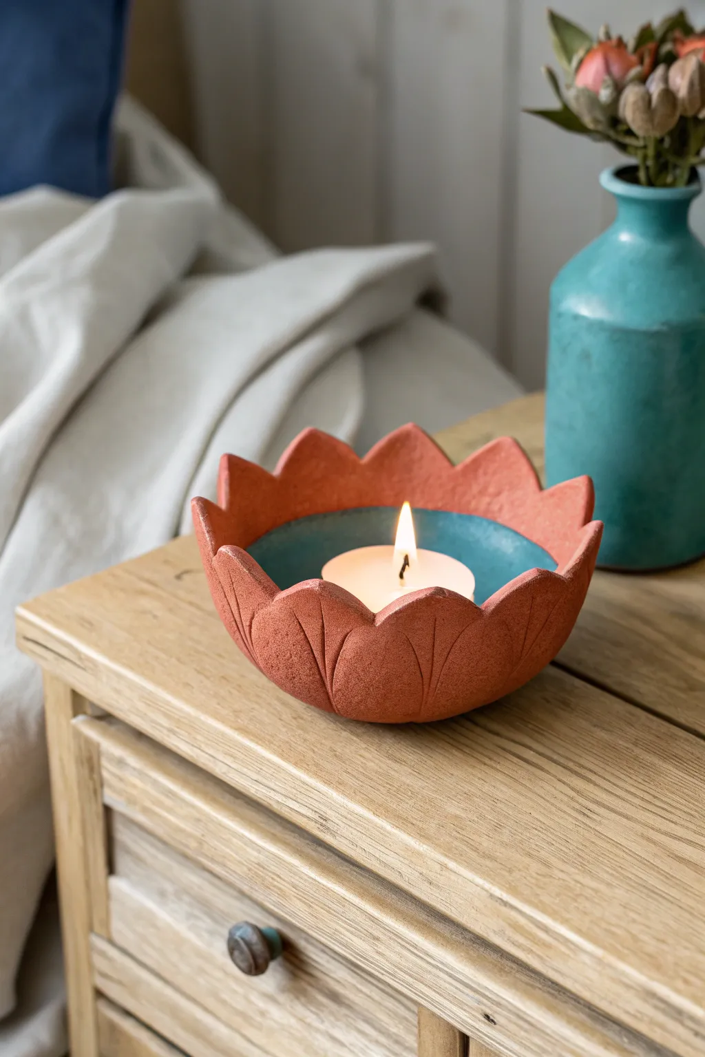 Scalloped flower tea light holder in air dry clay, warm glow for cozy minimalist boho decor.