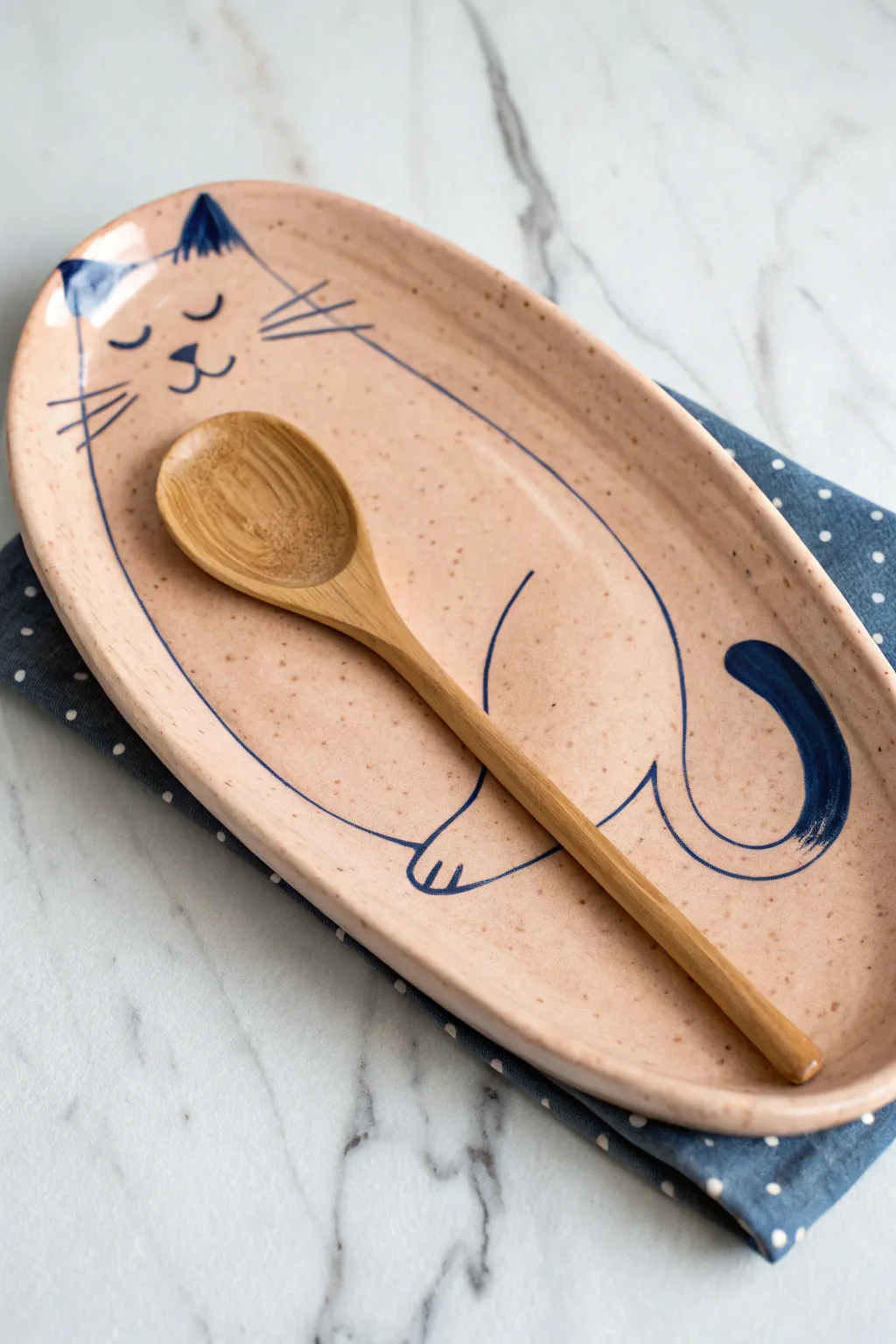 Air-dry clay cat spoon rest with curled tail, minimalist and bold, keeps your spoon in place.