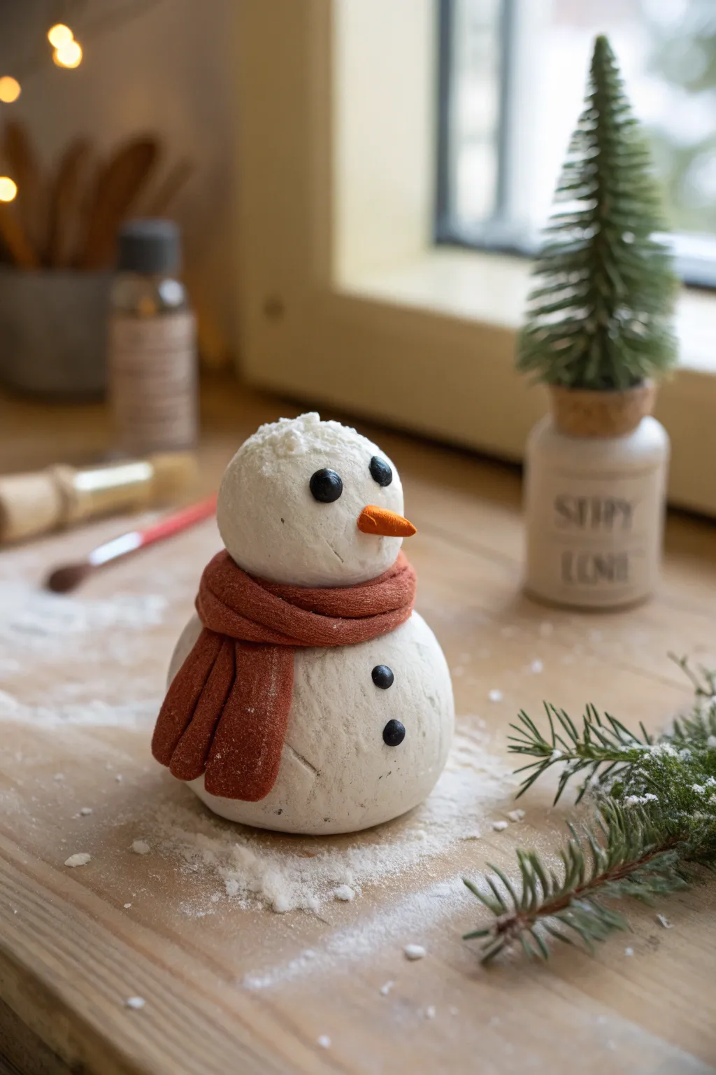 Tiny air dry clay snowman ornament with a bold scarf, cozy minimalist Christmas charm