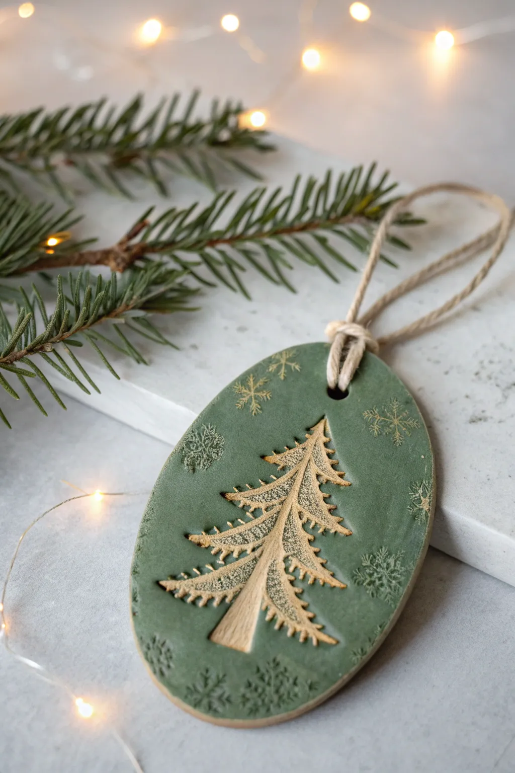 Lace-imprint evergreen ornament with gold rub highlights, glowing softly beside warm lights
