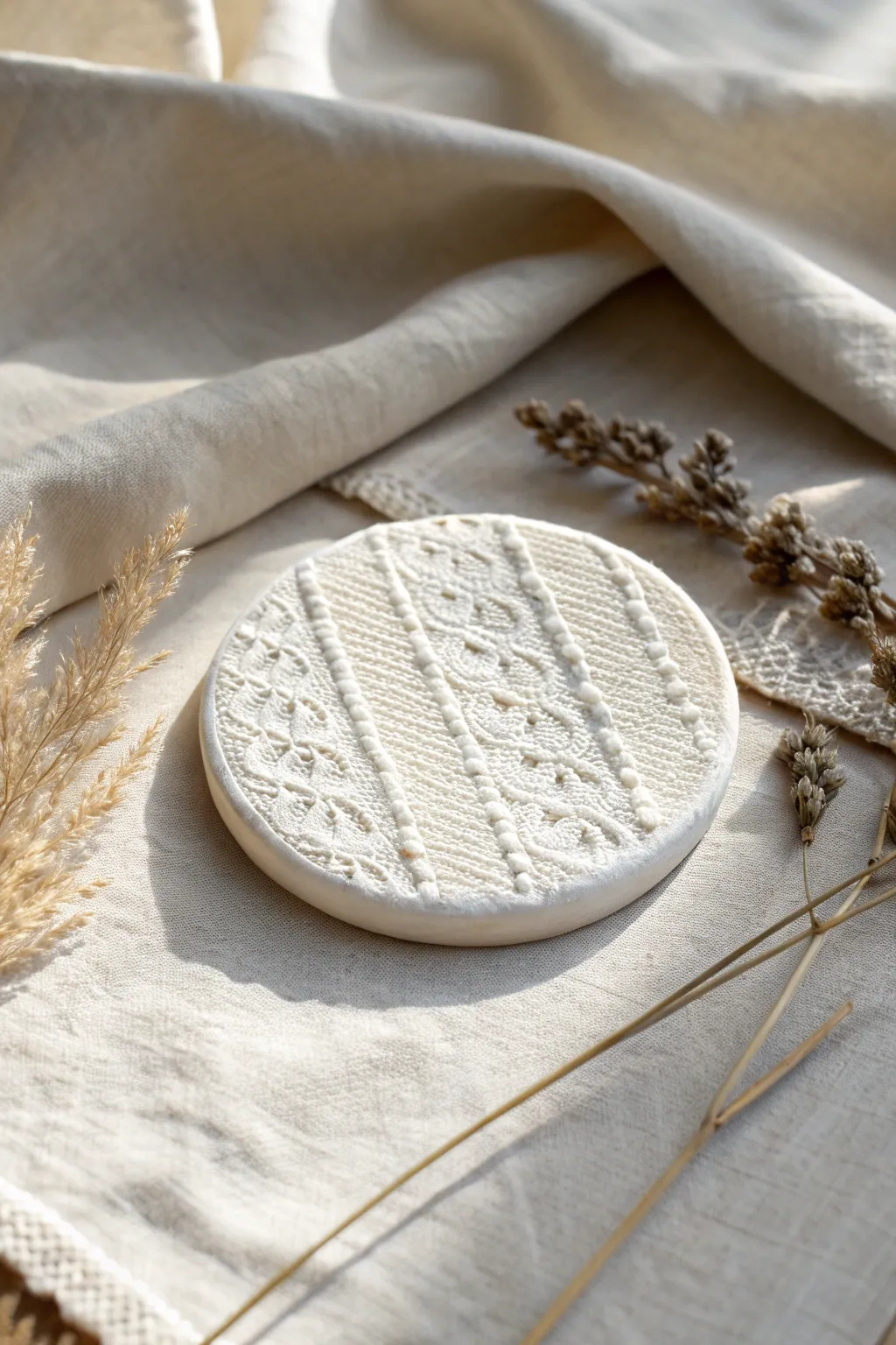 Matte white lace-textured air-dry clay coaster on linen, minimal boho styling and soft light