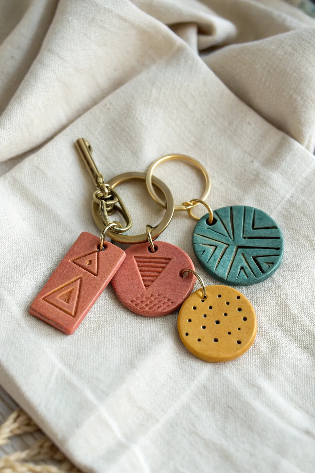 Air-dry clay pendant charms and key tags in matte boho colors with simple geometric stamping