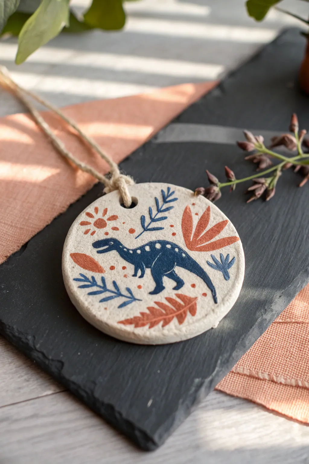 Minimalist air-dry clay dinosaur fossil medallion with bold dry-brushed highlights and texture