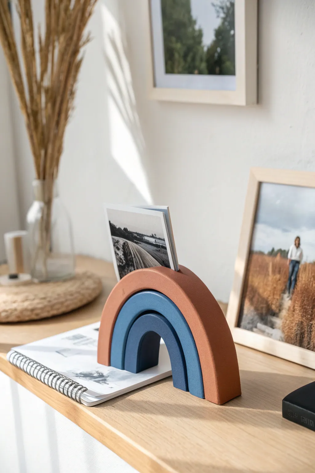 Minimal air dry clay photo and card stand in bold cobalt, elevating your desk decor.