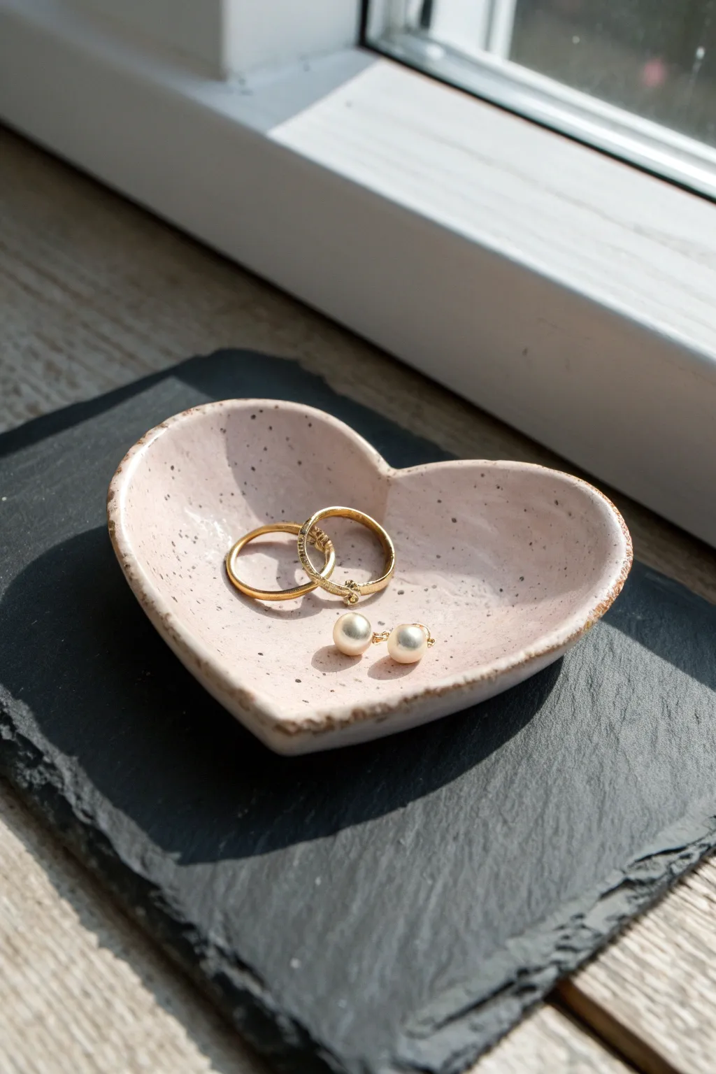 Sweet heart-shaped air-dry clay dish in blush matte, perfect for rings and tiny earrings.