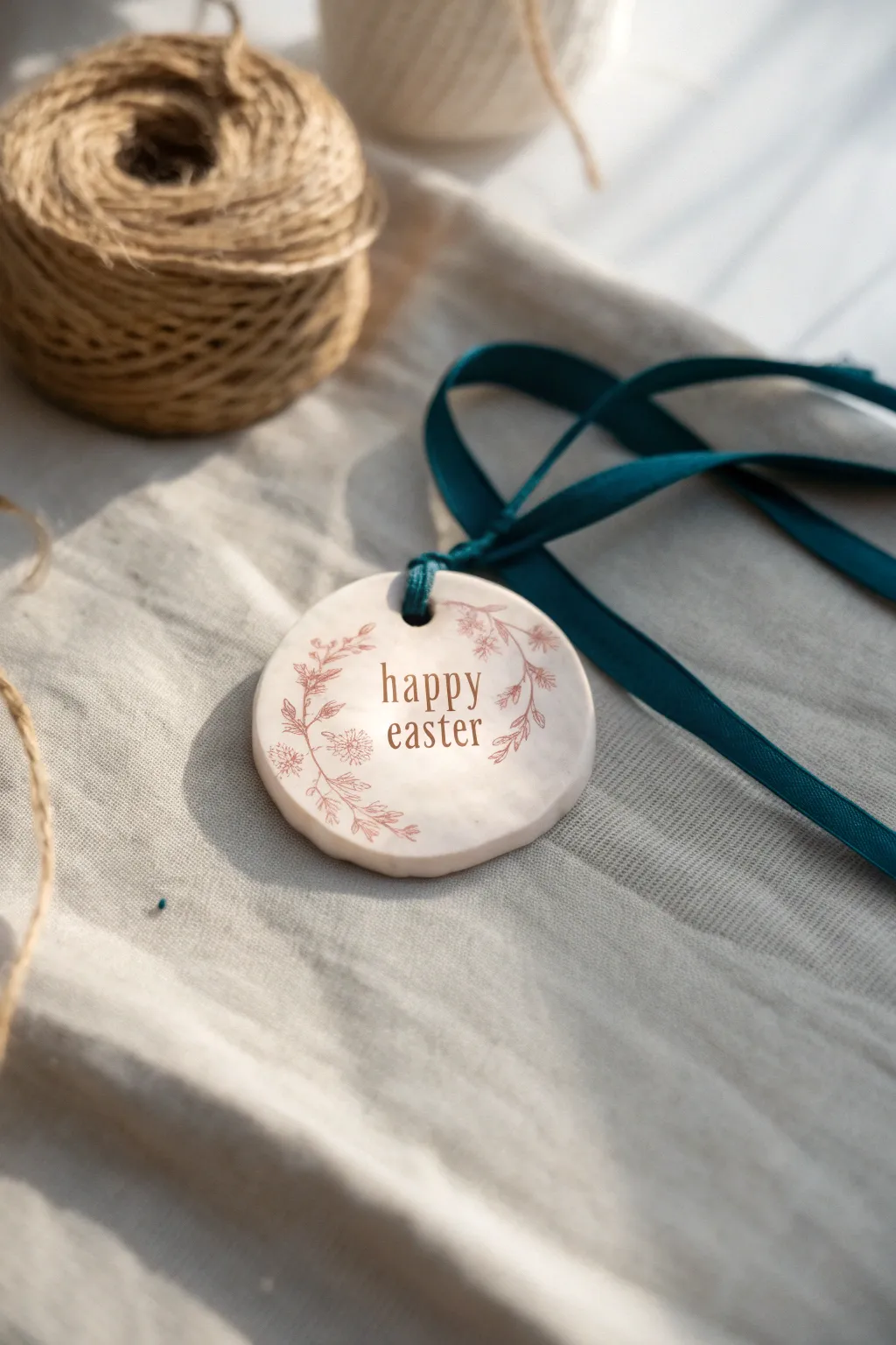 Soft terracotta clay tag with stamped Easter greeting, blush wash, ribbon and twine accents