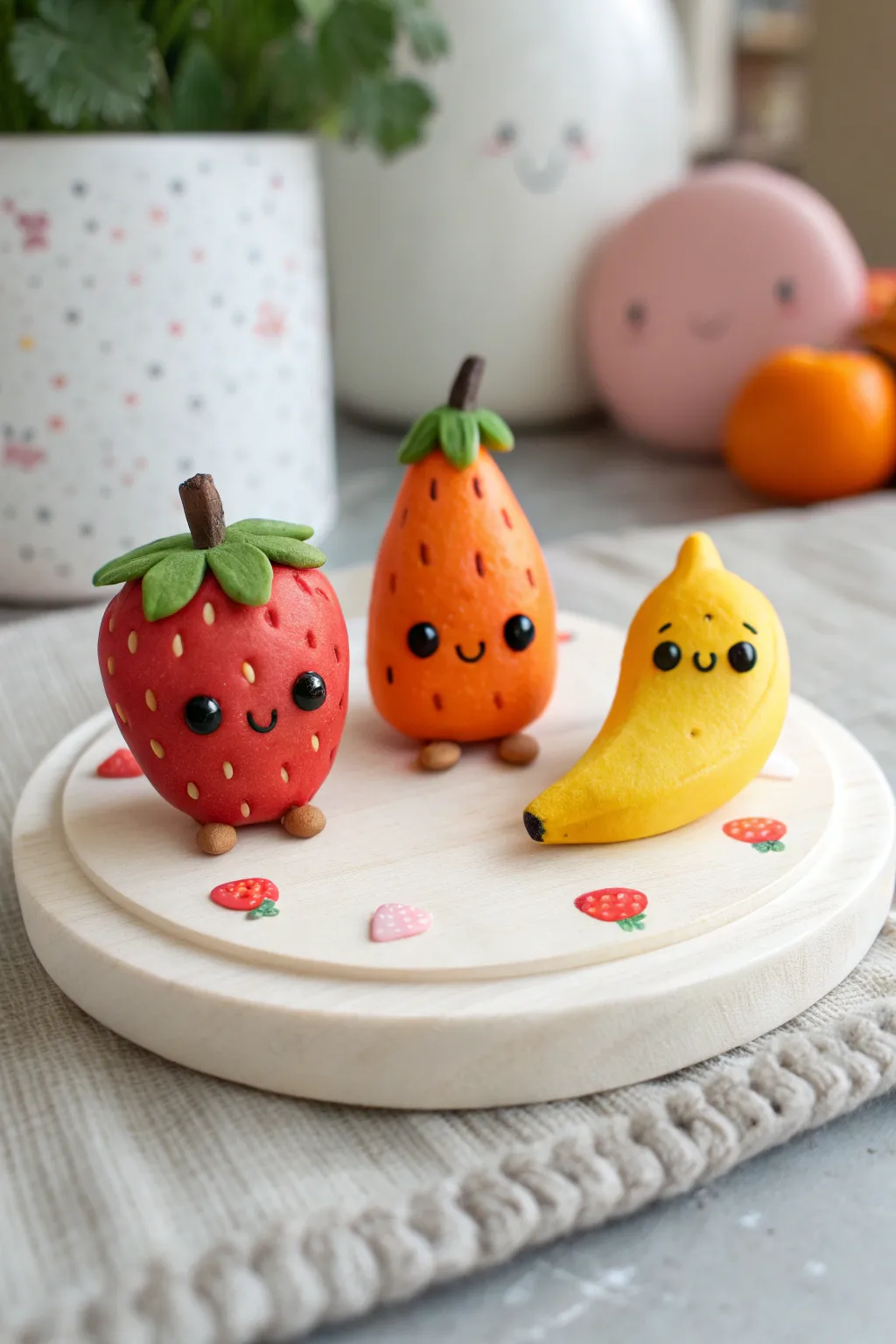 Cute air dry clay fruit friends in bold colors, minimalist boho style for easy figurine inspo