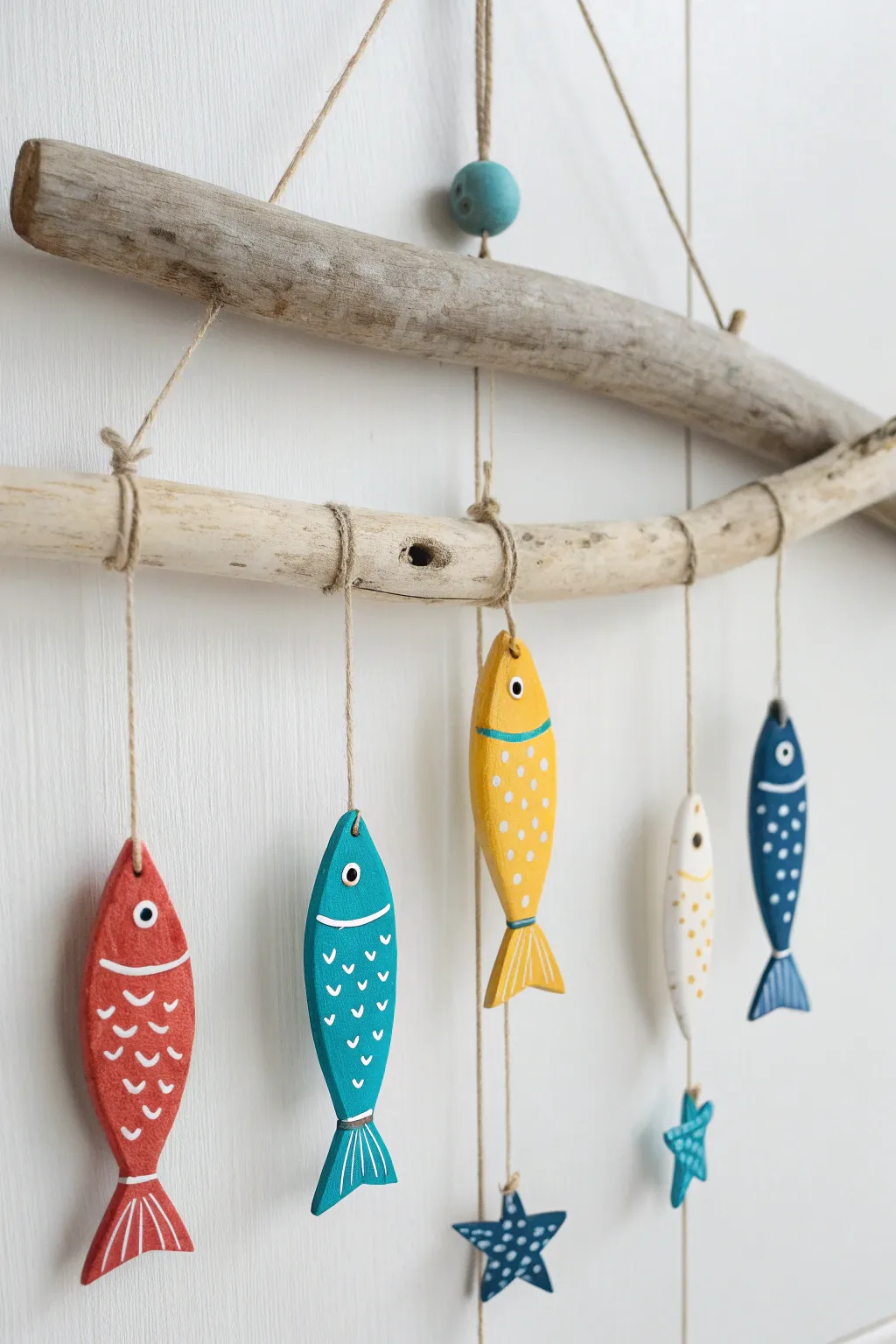 Bright air dry clay fish dance from driftwood for an easy, Scandinavian boho wall mobile.