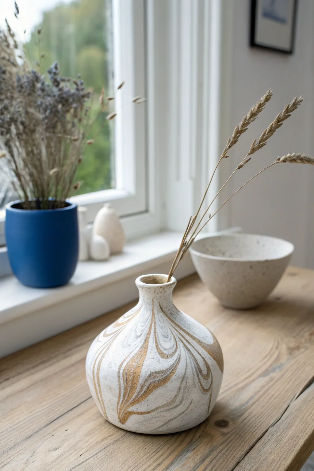 Marbled clay-look bud vase DIY idea: soft gray swirls, minimalist shape, boho stems, bright light.
