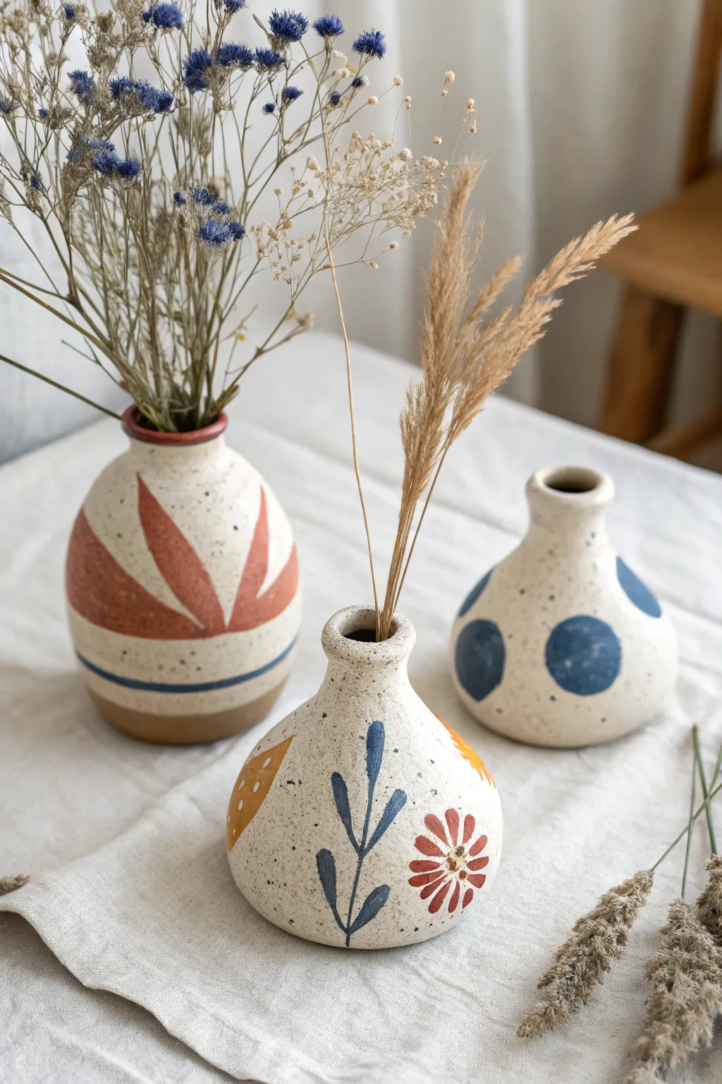 Abstract painted air dry clay bud vases in a chic trio, styled with single stems and bold accents.