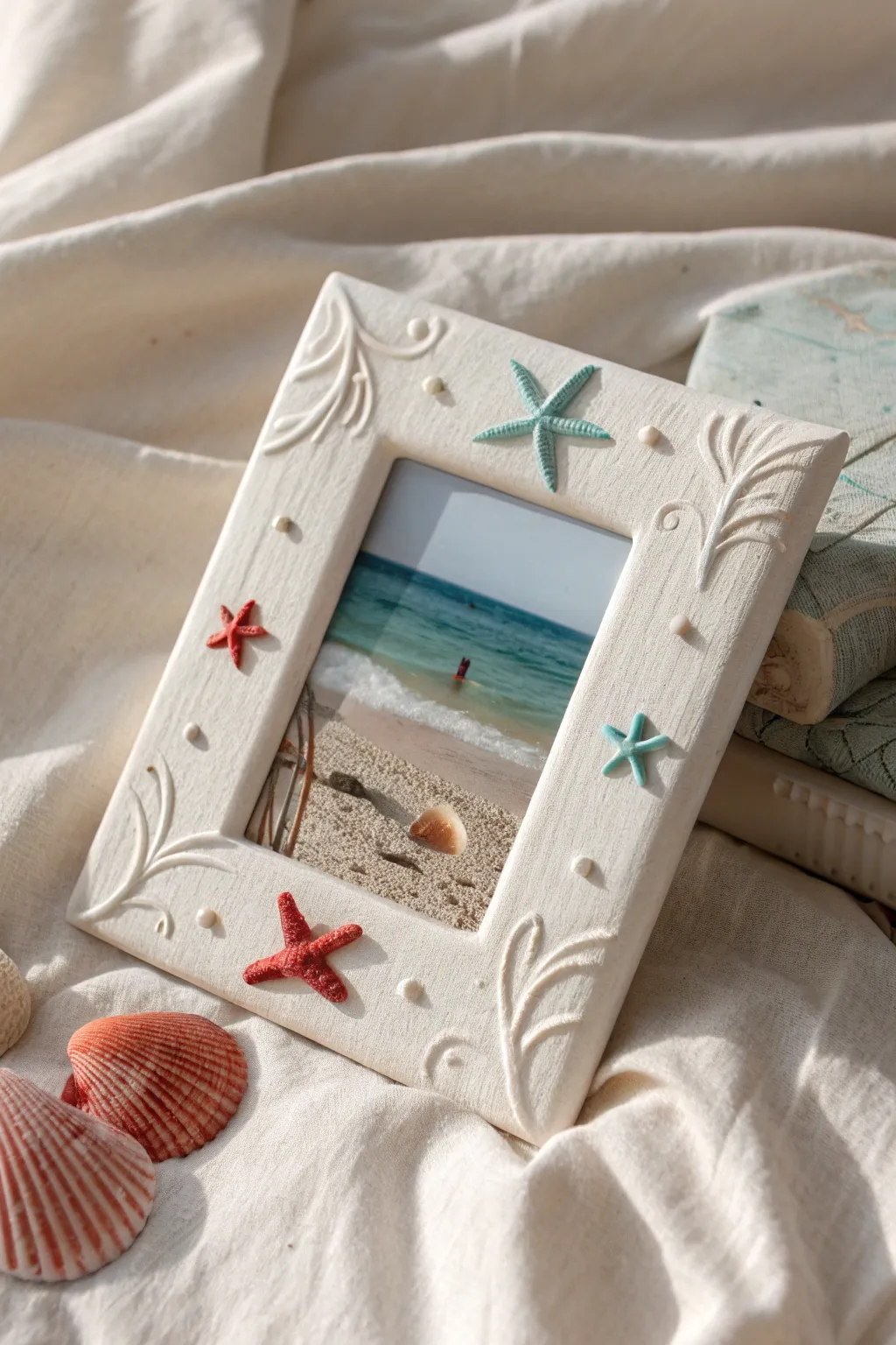 Under-the-sea air dry clay frame with shells, waves, and starfish in bold coastal colors.