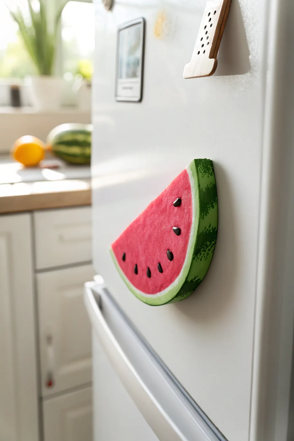 Juicy watermelon wedge air dry clay magnet in bold pink and green, minimalist styling.