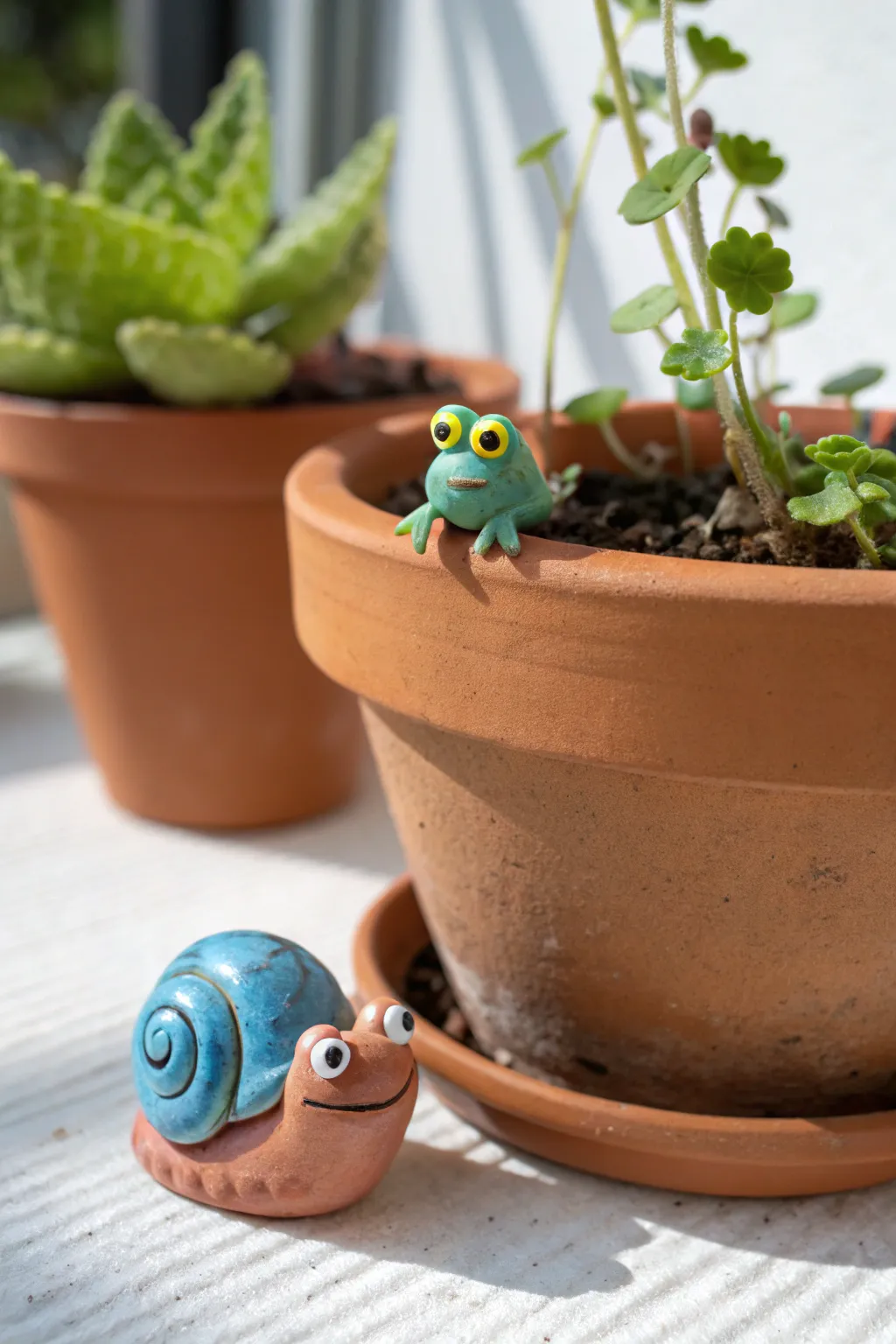 Cute air dry clay snail and frog planter pals with bold color pops for a minimalist boho garden