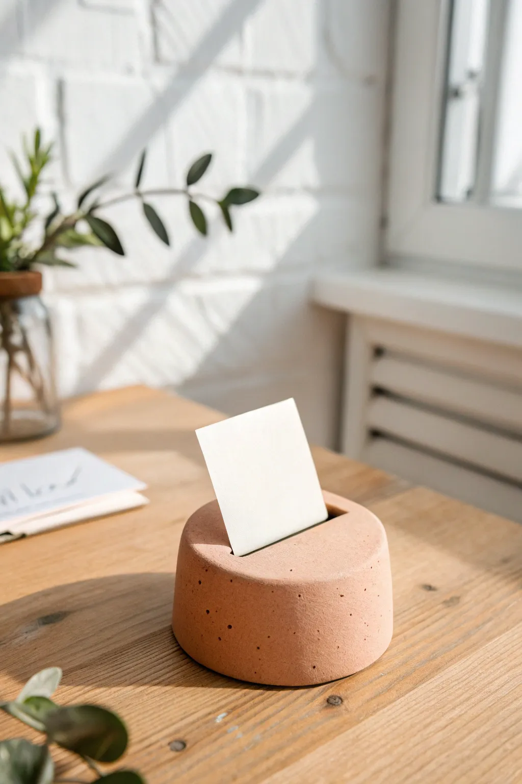 Modern air dry clay photo holder block in bold terracotta on pale wood, cozy minimal vibe