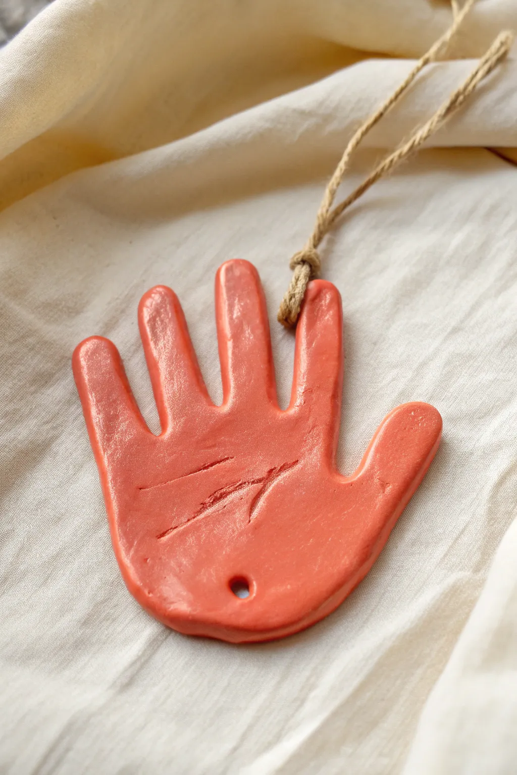 Cheerful air dry clay high-five handprint charm with cord, perfect minimalist boho wall decor.