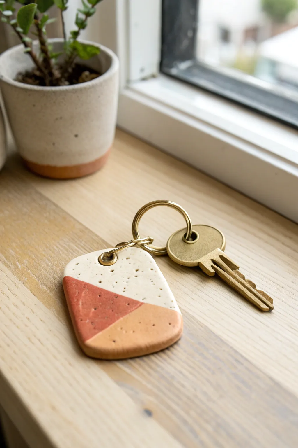 Minimal air-dry clay keychain tag with stamped texture, simple Scandinavian boho style.