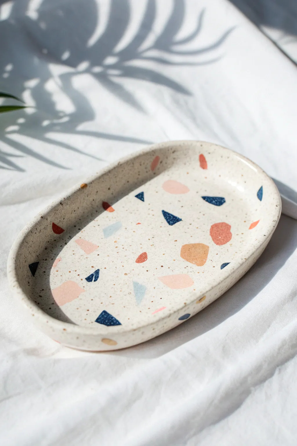 Terrazzo air-dry clay trinket tray in soft pastels, minimalist and boho, made for your dresser.