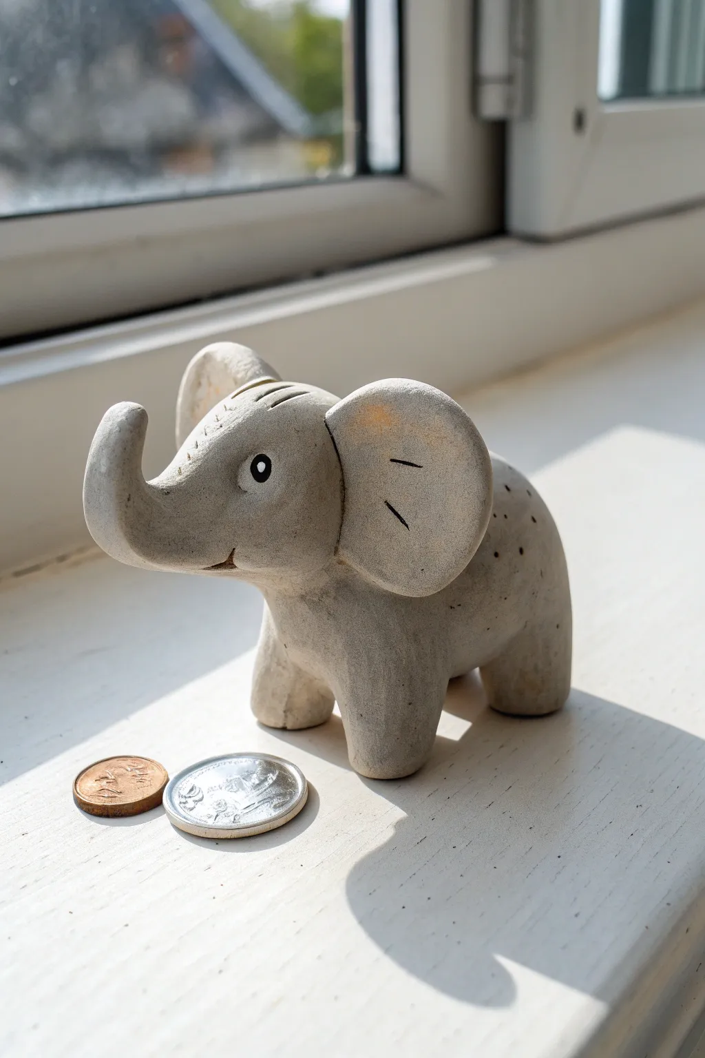Mini air dry clay elephant with curled trunk, soft gray and simple details, cute and beginner friendly