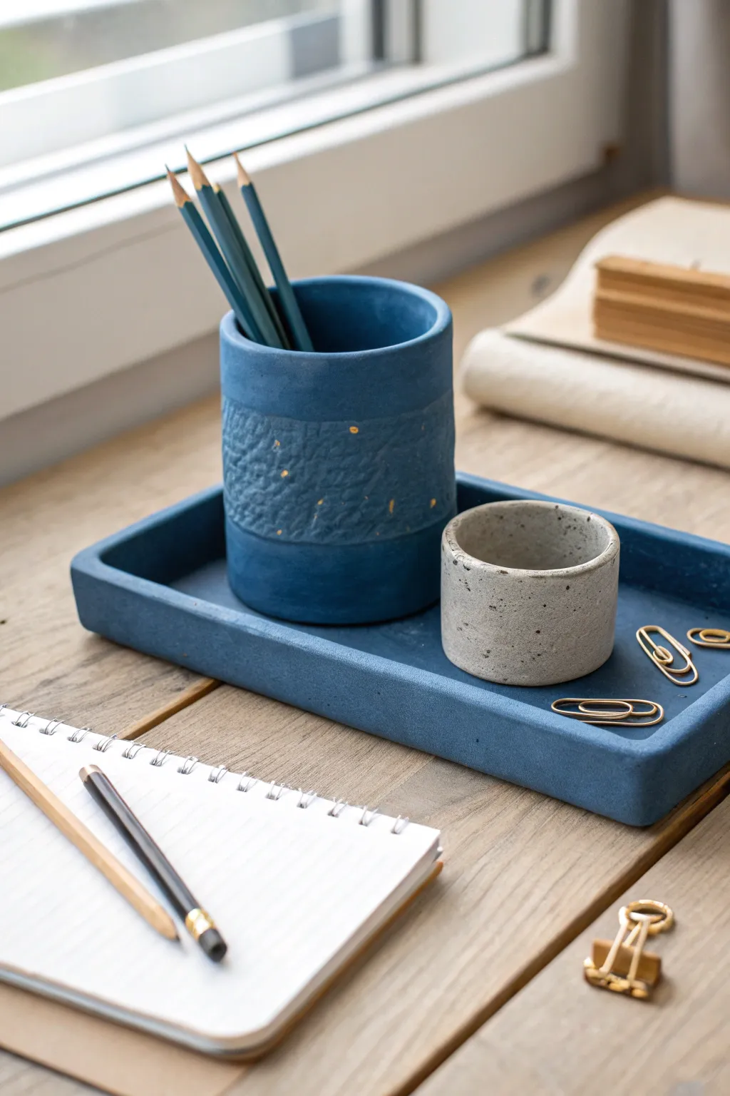 Bold cobalt air dry clay desk organizer set: pencil cup and tray for a calm, tidy workspace