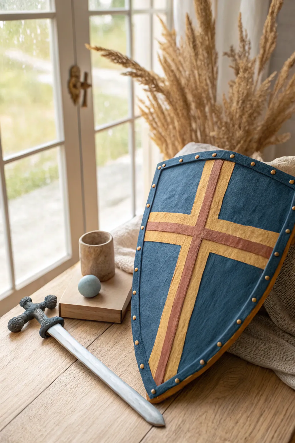 Easy air dry clay knight shield and sword in bold stripes, perfect for boys pretend play.