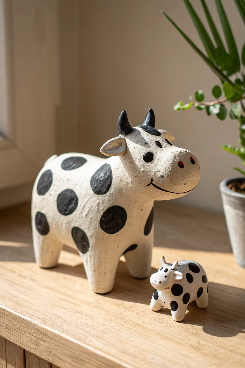 Chunky spotty clay cow with a mini calf, simple and cute, perfect air dry clay animal idea