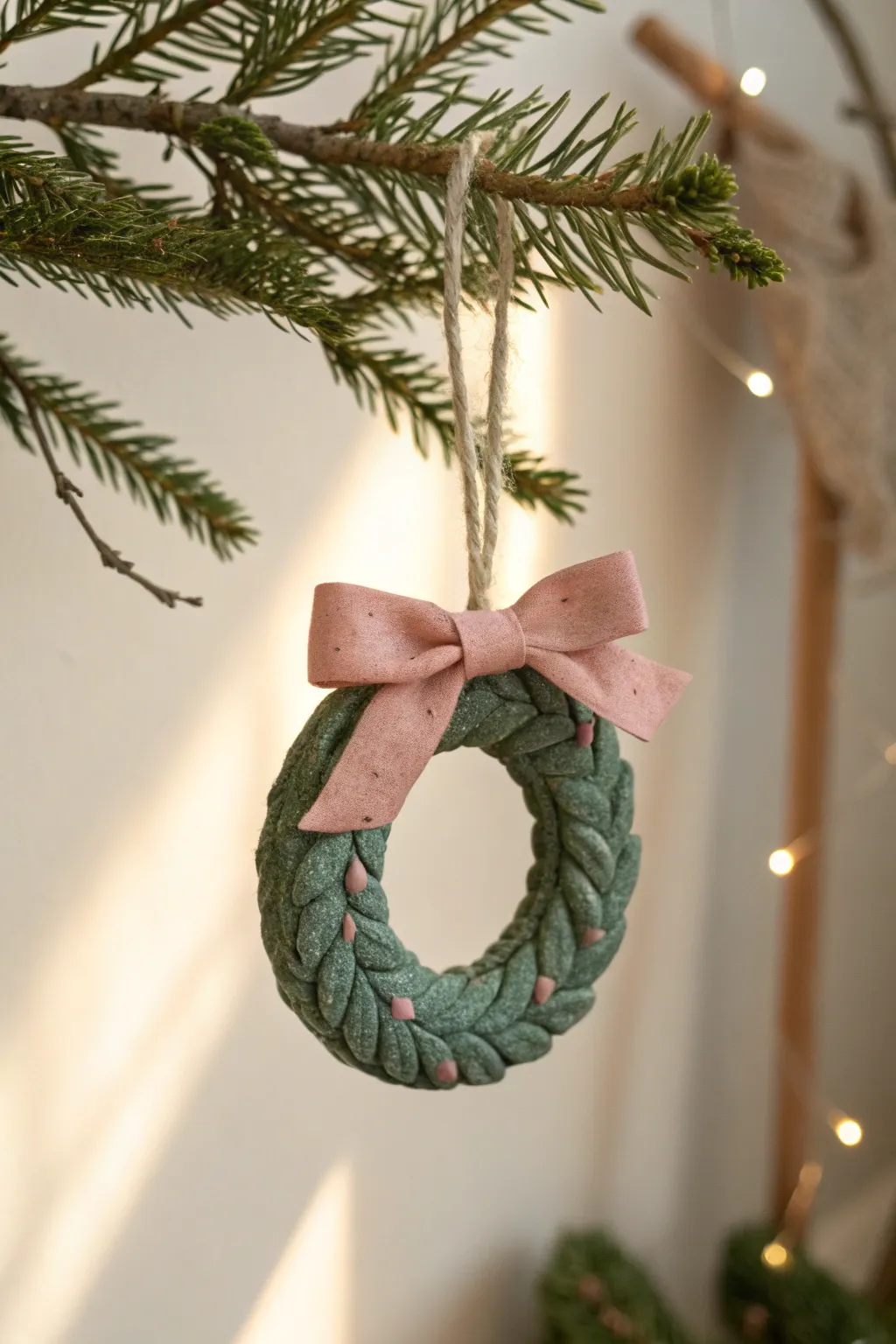 Mini air-dry clay wreath with rope texture and tiny bow, a simple kids Christmas ornament