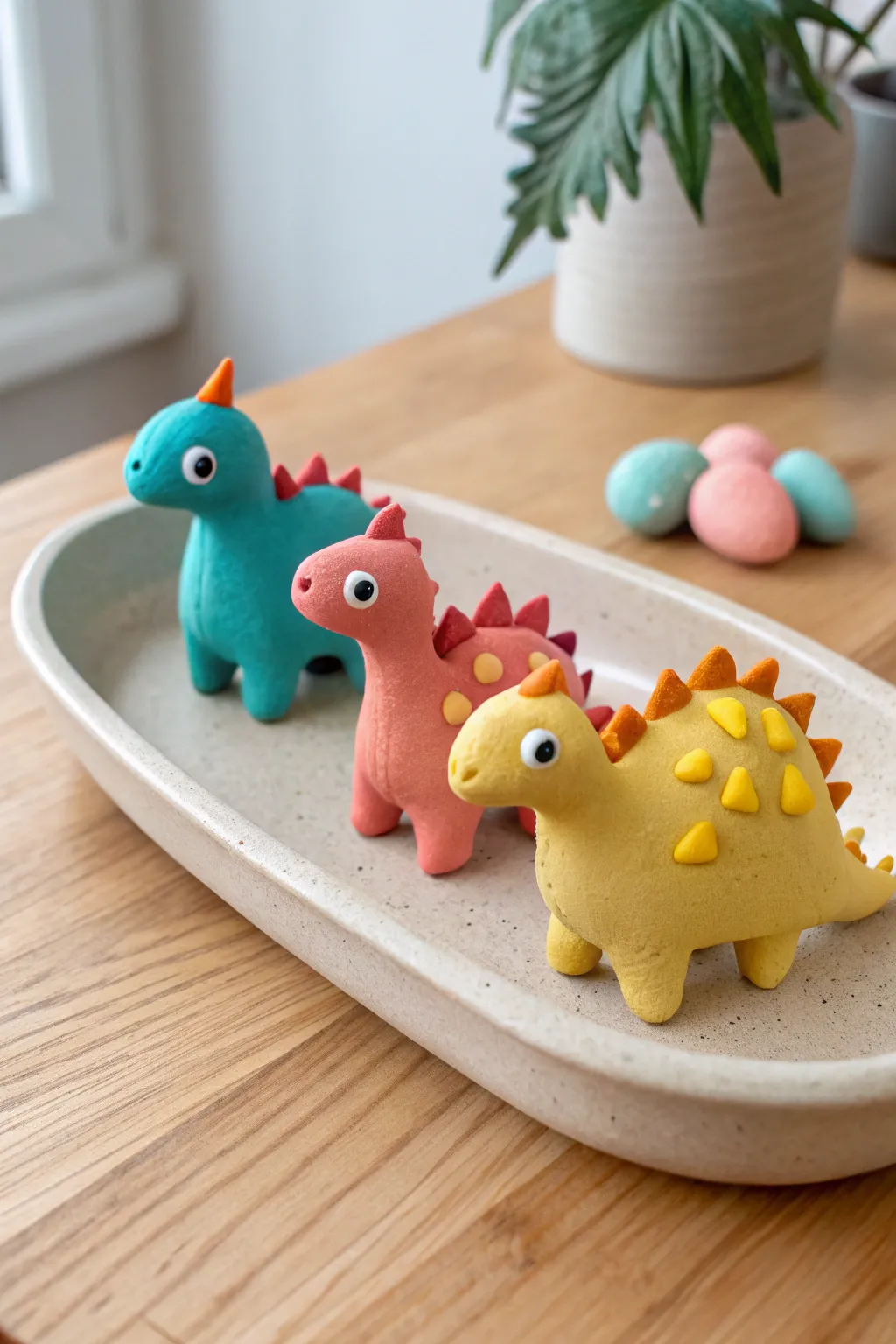 Mini air dry clay dinos from simple shapes, bold colors, and clean Scandinavian styling.