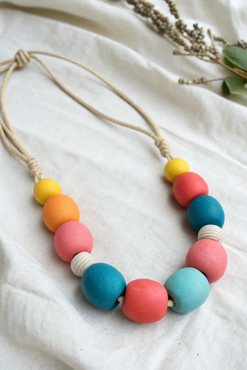 Chunky air-dry clay bead necklace in bright colors, perfect for easy kindergarten crafts.