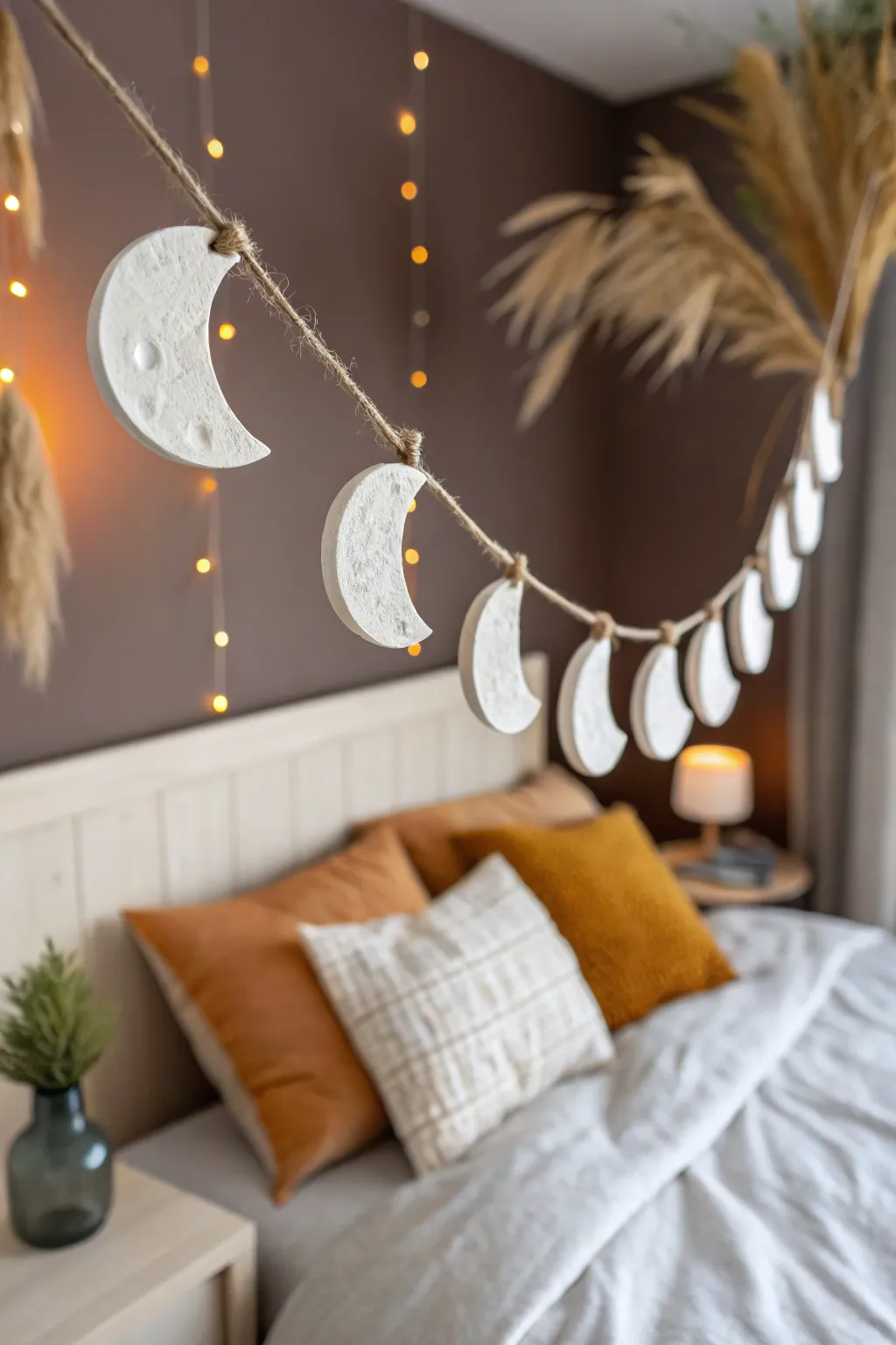 DIY moon phase garland in matte clay, cozy minimal vibes with bold contrast for a dreamy room