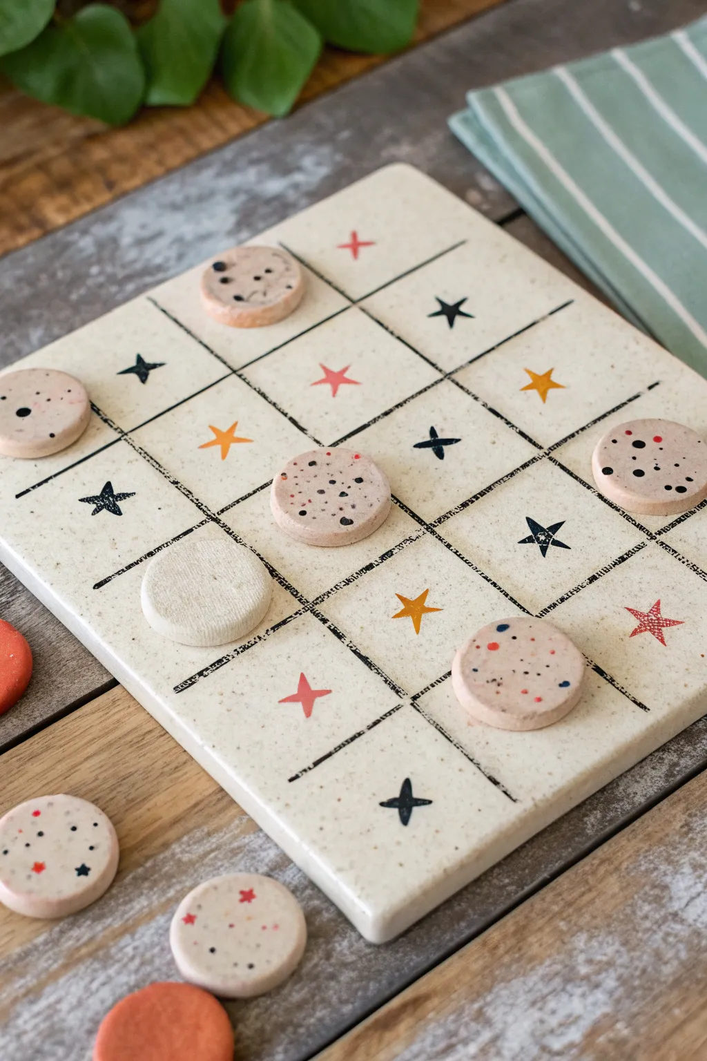 Terrazzo air dry clay tic tac toe board with stamped star and moon tokens, minimalist boho style