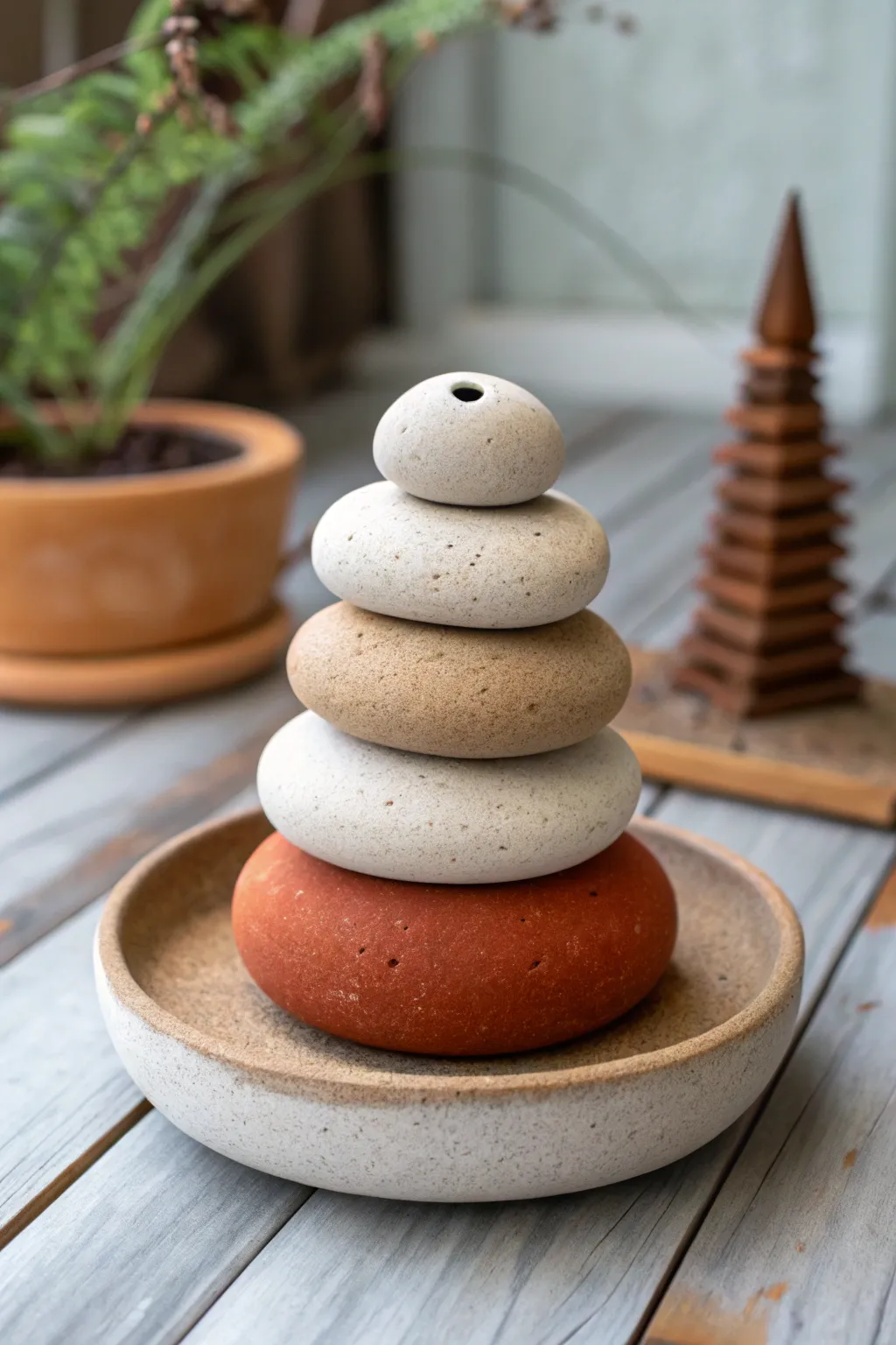 Zen stacked clay pebble incense holder with ash-catching dish, bold color accent and calm vibes