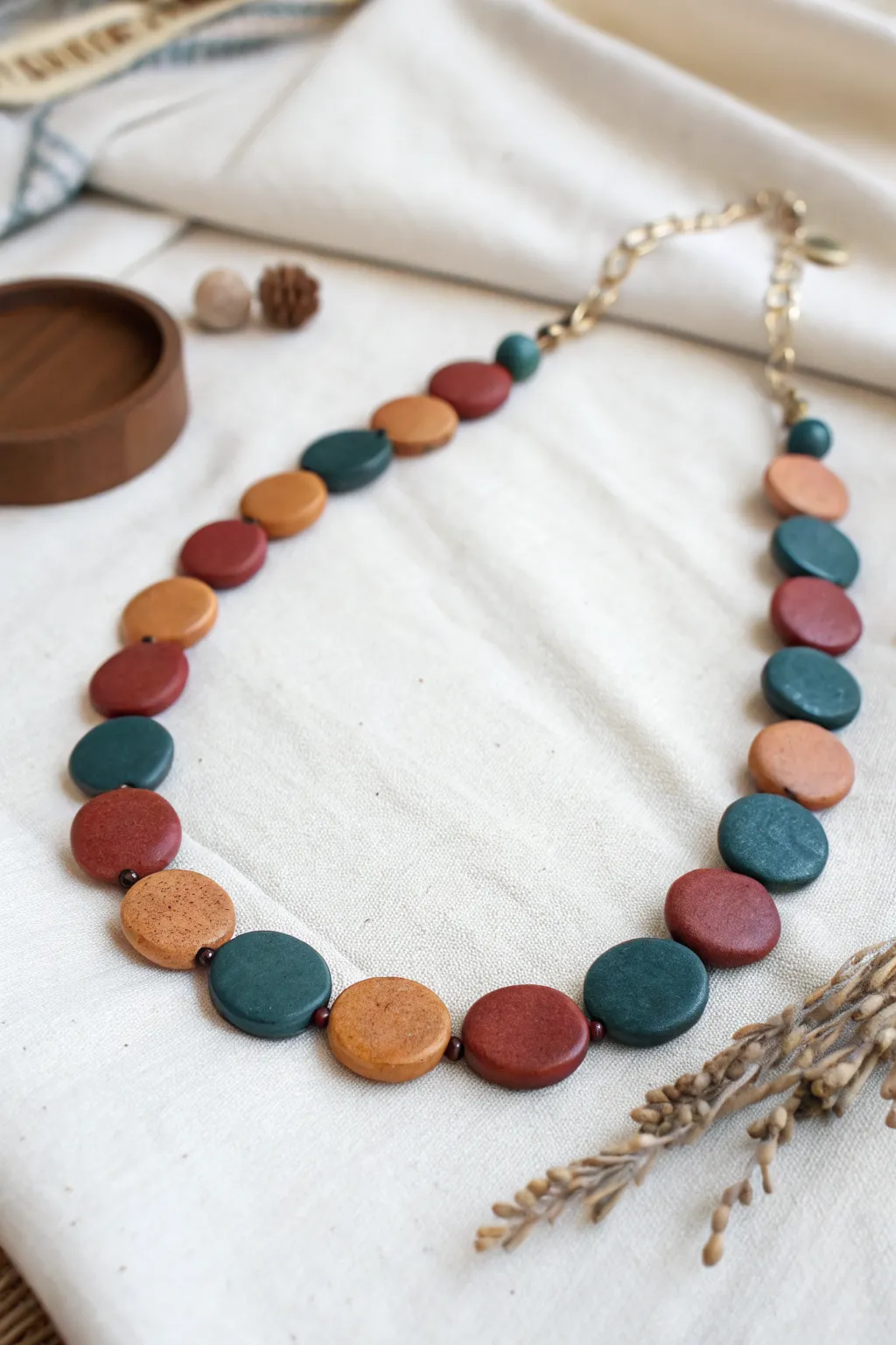 Flat disc air-dry clay bead choker in bold earthy tones, styled minimal with warm wood accents.