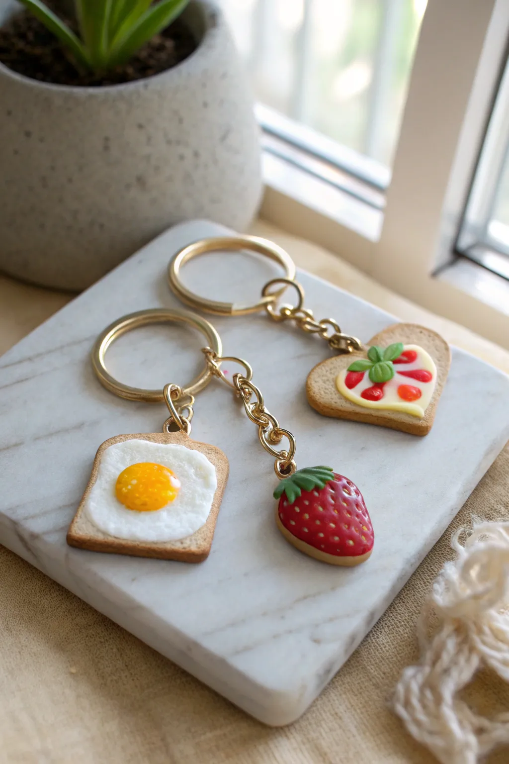 Mini breakfast keychain set: toast, sunny egg, and strawberry charms for a playful handmade vibe.