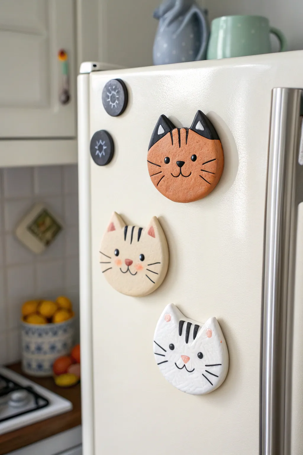 Chubby air dry clay cat face magnets in bold coat colors, styled on a minimalist fridge door