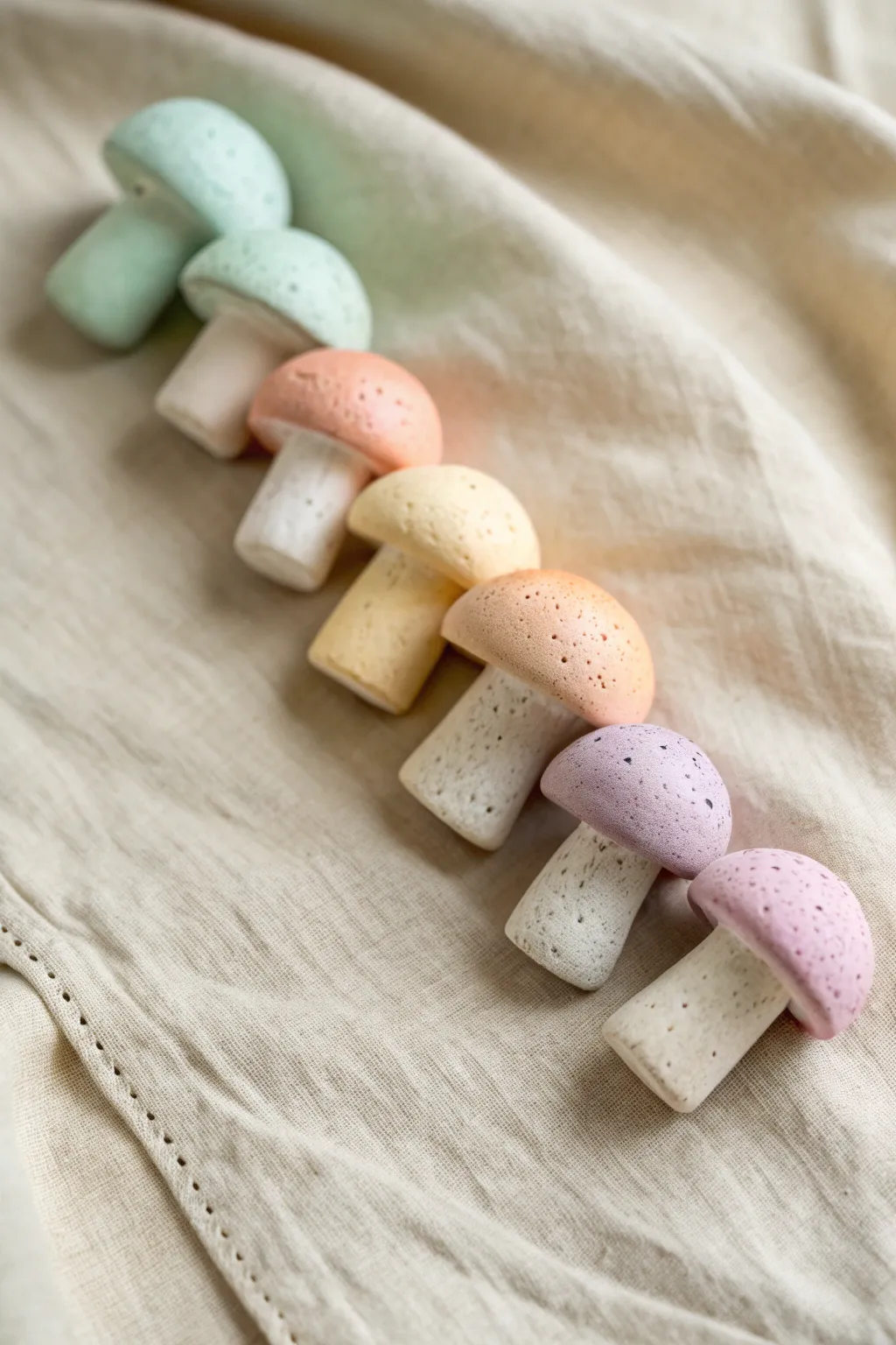 Pastel matte air dry clay mushrooms in mint, peach, and lavender on a clean neutral backdrop