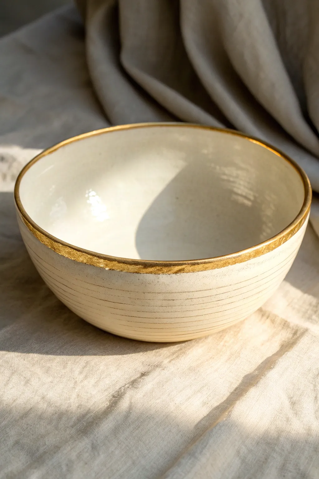 Matte ivory air dry clay bowl with a crisp metallic gold rim for an easy luxe finish