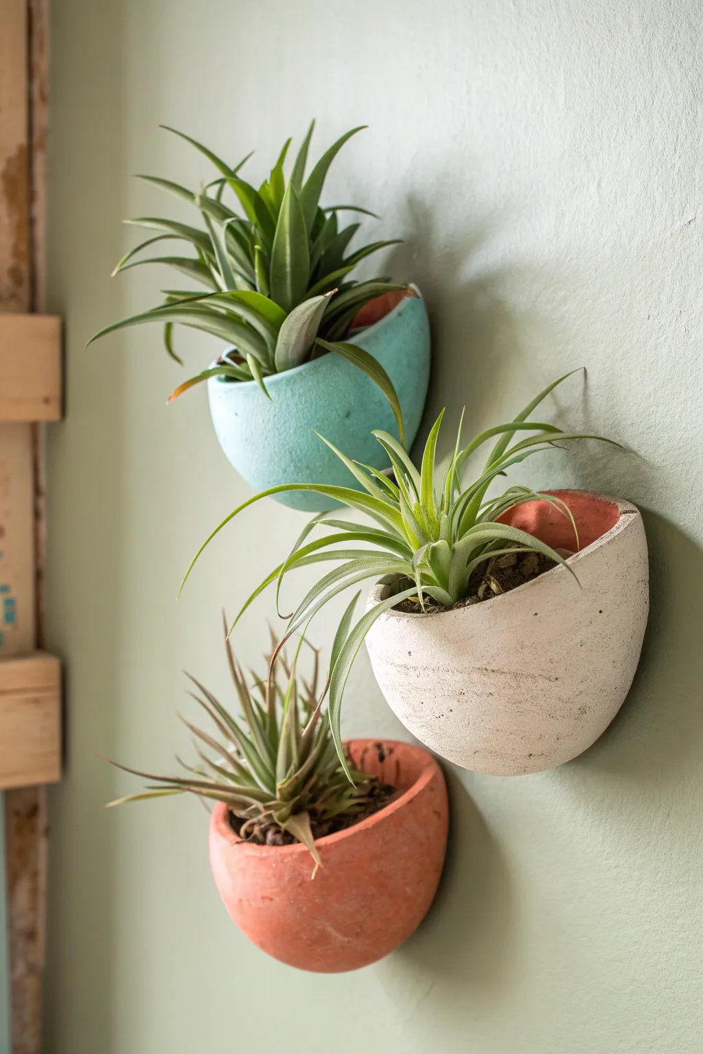 Minimal air dry clay wall pods with lush air plants, a simple Scandinavian boho statement.