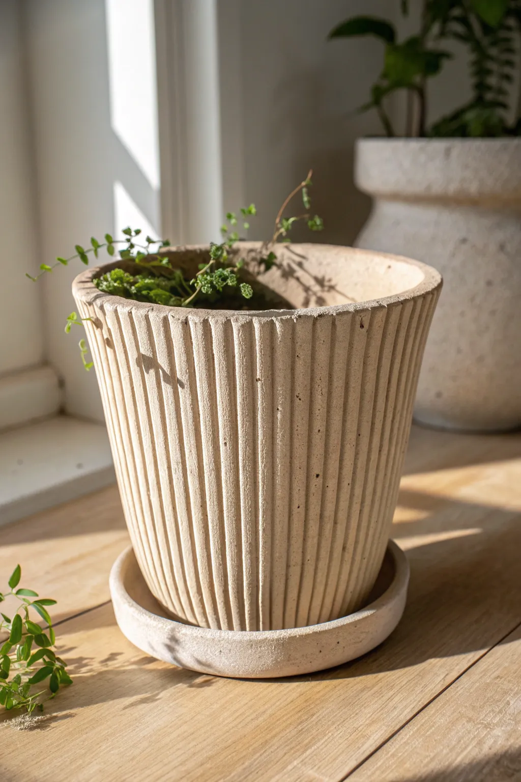 Fluted ribbed air dry clay pot in matte neutral tones, with a trailing plant for soft boho charm.