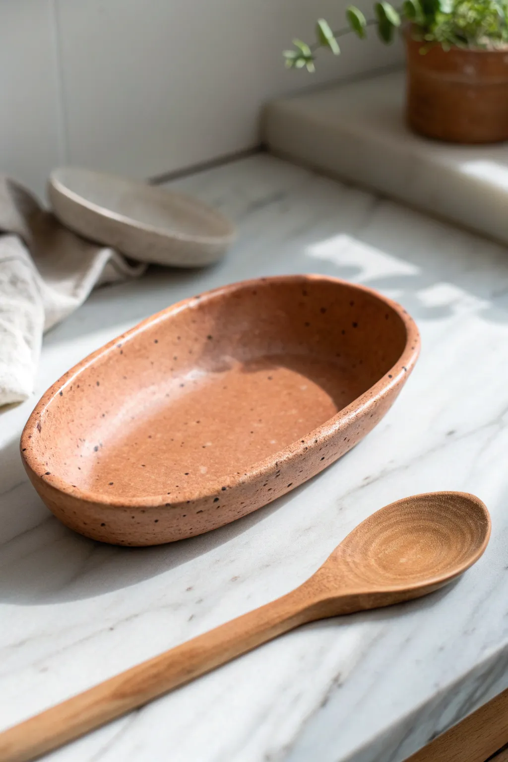 Minimal grooved air-dry clay spoon rest with rustic edges for a calm, handcrafted kitchen vibe.