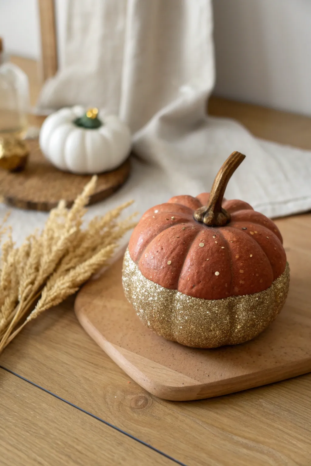 Glam meets handmade: a glitter-dipped air dry clay pumpkin for a chic autumn table setting.