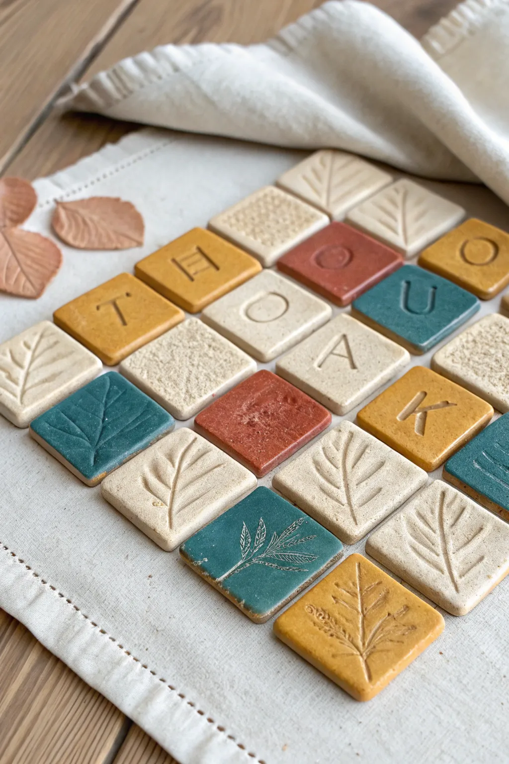 Air-dry clay mini tiles in warm autumn tones, a minimalist Thanksgiving detail with handmade charm.